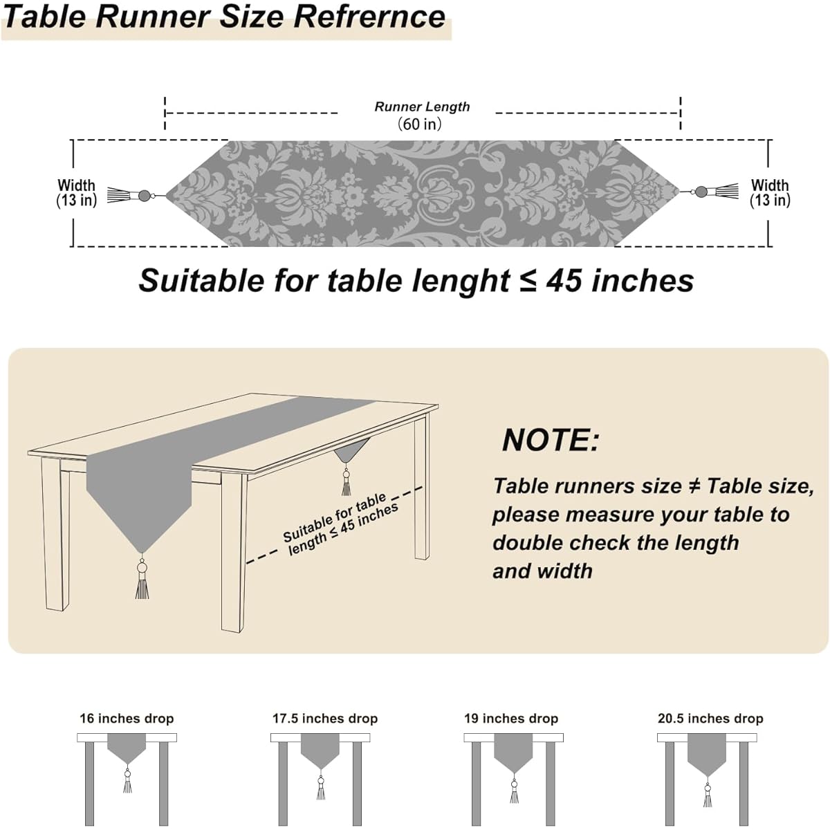 HeMiaor Chenille Jacquard Thick Table Runner with Delicate Tassels for Conference Decoration and Dining Table, Retro Embroidery Pattern for Christmas Festival Wedding Decoration, Beige, 60" Length