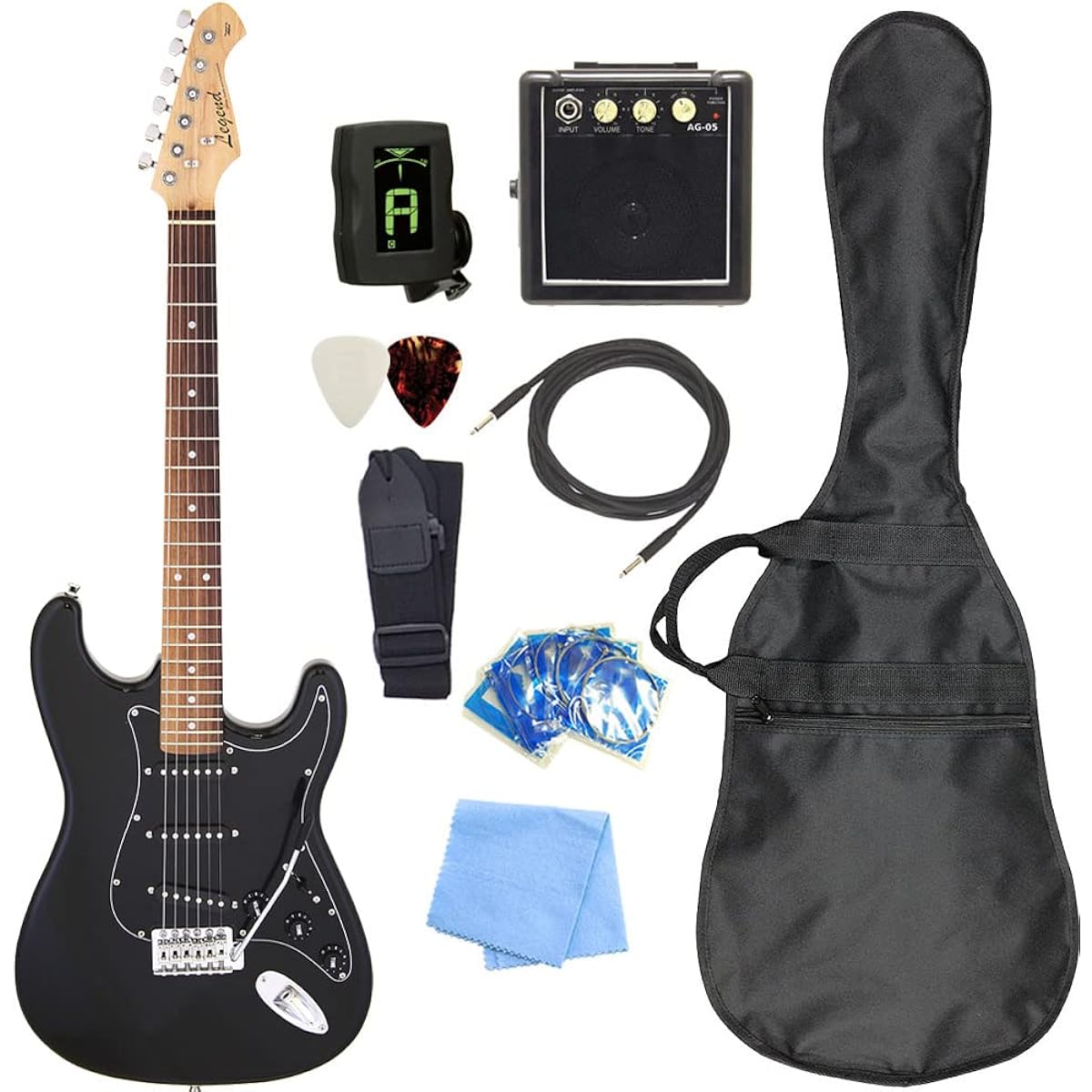 Electric guitar beginner set, Stratocaster type, with mini amp, 9-piece set, Legend LST-Z BBK [98765]