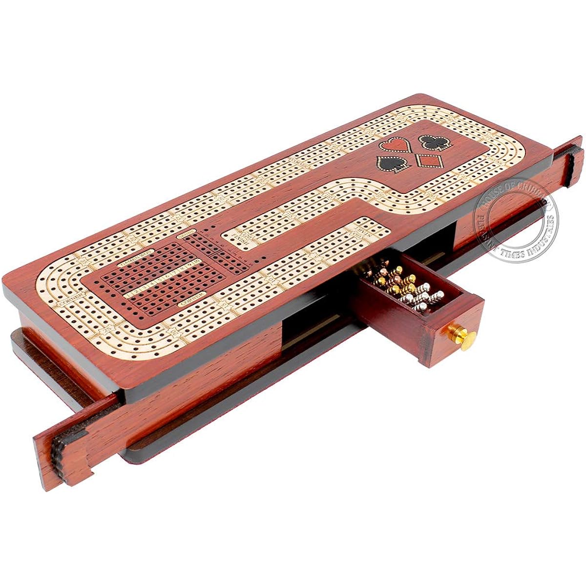 House of Cribbage - Continuous Cribbage Board / Box Embedded in Bloodwood / Maple: 4 Tracks - Card & Peg Storage Drawer with Scoremark Field for Skunk, Corner, and Win Games