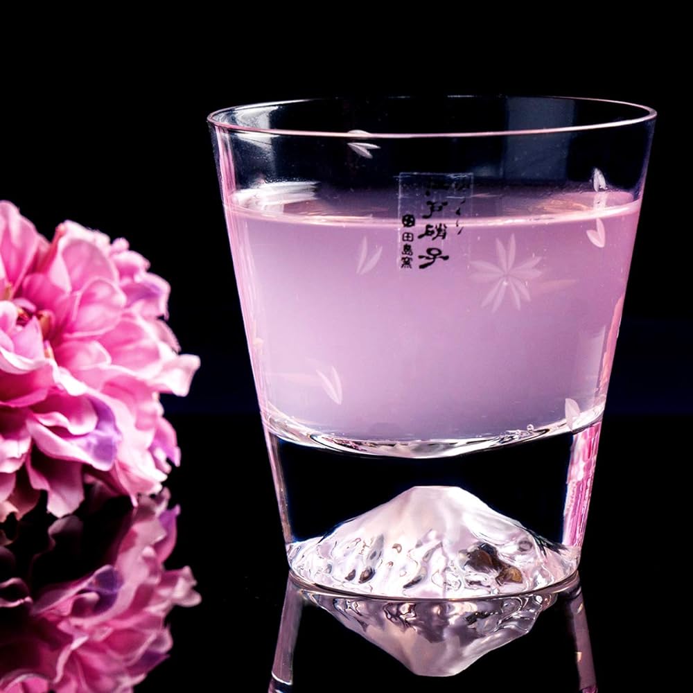 [Mt. Fuji Glass] [Tajima Glass] Mt. Fuji Glass Mt. Fuji Rock Glass (Plain) x Sakura Fuji Rock Glass Pair Set TG15-015-R TG16-015-RS Set of 2 Edo Glass Mt. Fuji Cherry Blossom Whiskey Glass Thirty-Six Views of Mt. Fuji Postcard With
