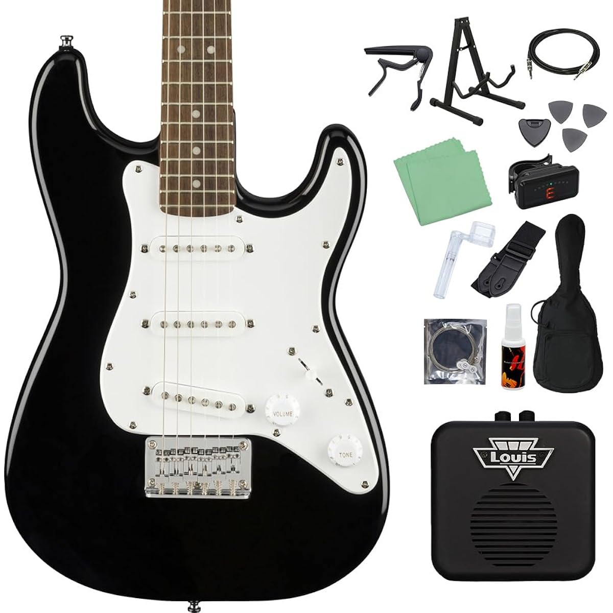 Squier by Fender Mini Strat Laurel Fingerboard Black Electric Guitar Beginner 14-piece Set Mini Amp Strat Mini Guitar Squier Squier