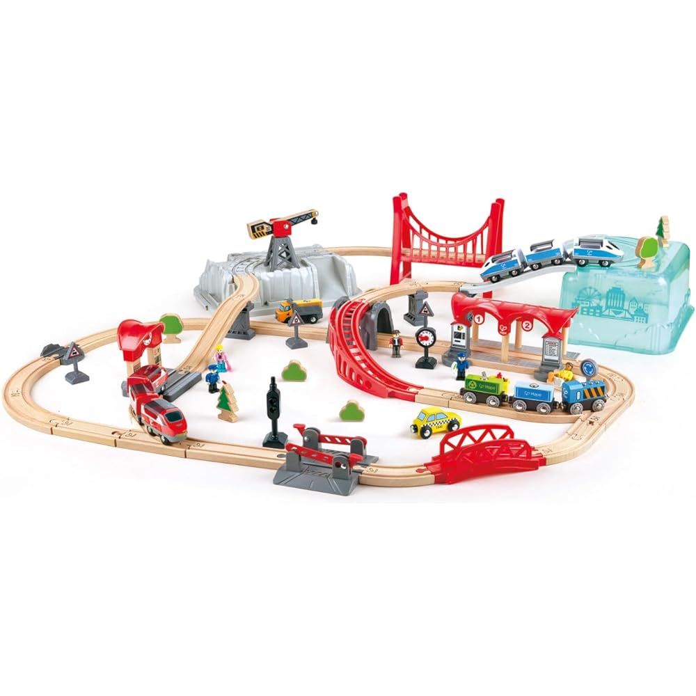 Hape E3771 Tidying Up City Rail Box Rail Set 75 x 87 x 14 cm Ages 3+ Wooden Educational Toy