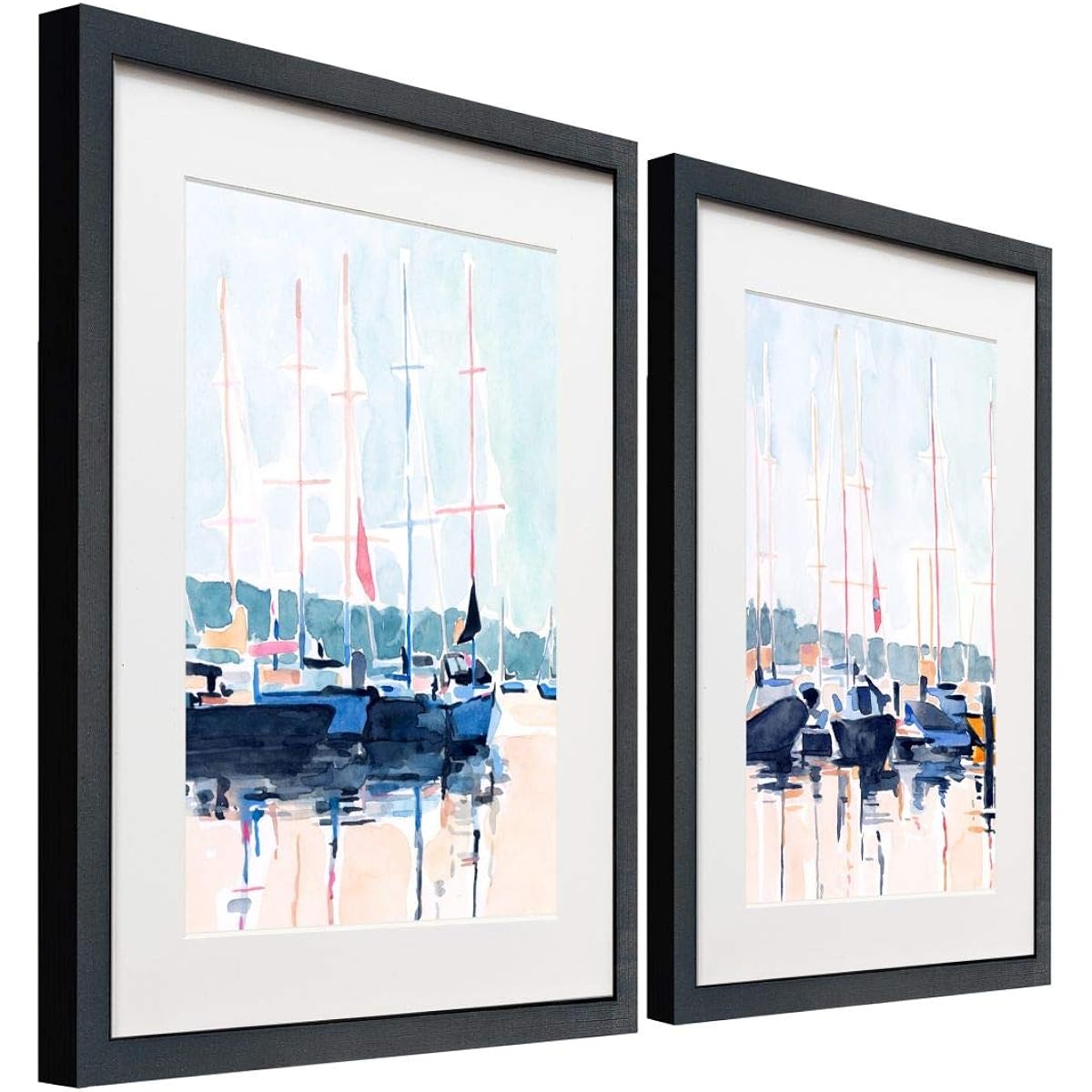 Renditions Gallery Watercolor Boat Club 2 Piece Framed Artwork Set, Blue, Pink, Orange, Yachts, Sailing & Boats, Black Matte Frame, White Mat, Plexiglass, 16" W x 20" H, Made in the USA