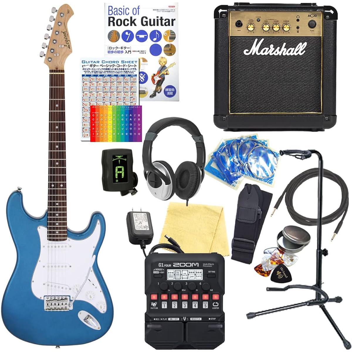 Electric guitar beginner set Stratocaster type 18-piece set with Marshall amp Legend LST-Z MBL [ZOOM G1Four multi-effector included]