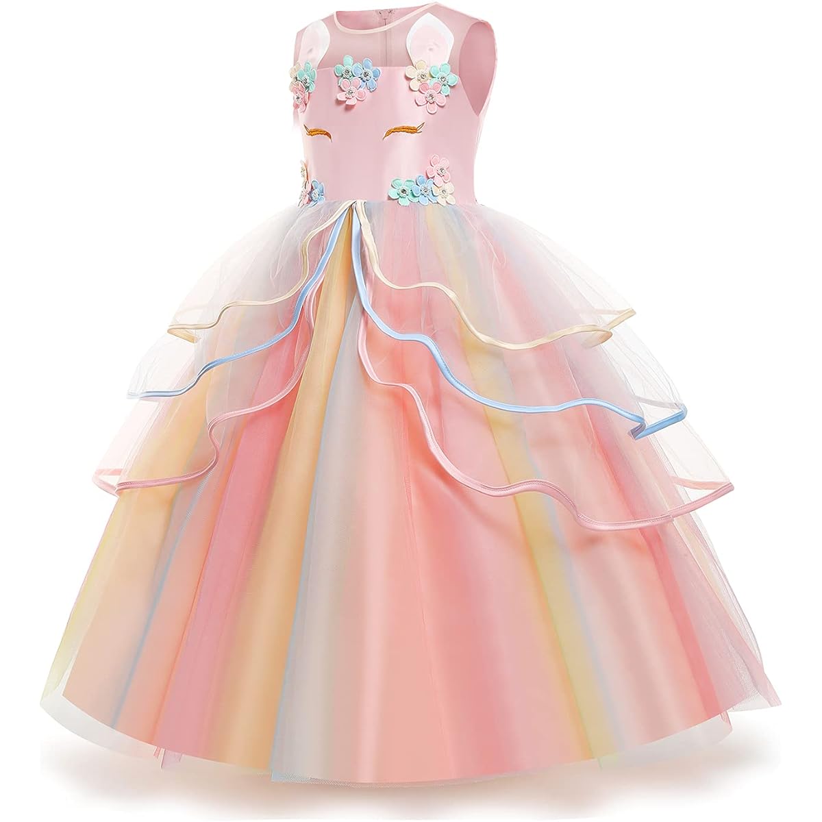 [Heywood] Yipkorra Girls Unicorn Dress Unicorn Costume Pageant Princess Party Birthday Long Dress with Headband and Necklace (Champagne, 130, 5-6 Years)