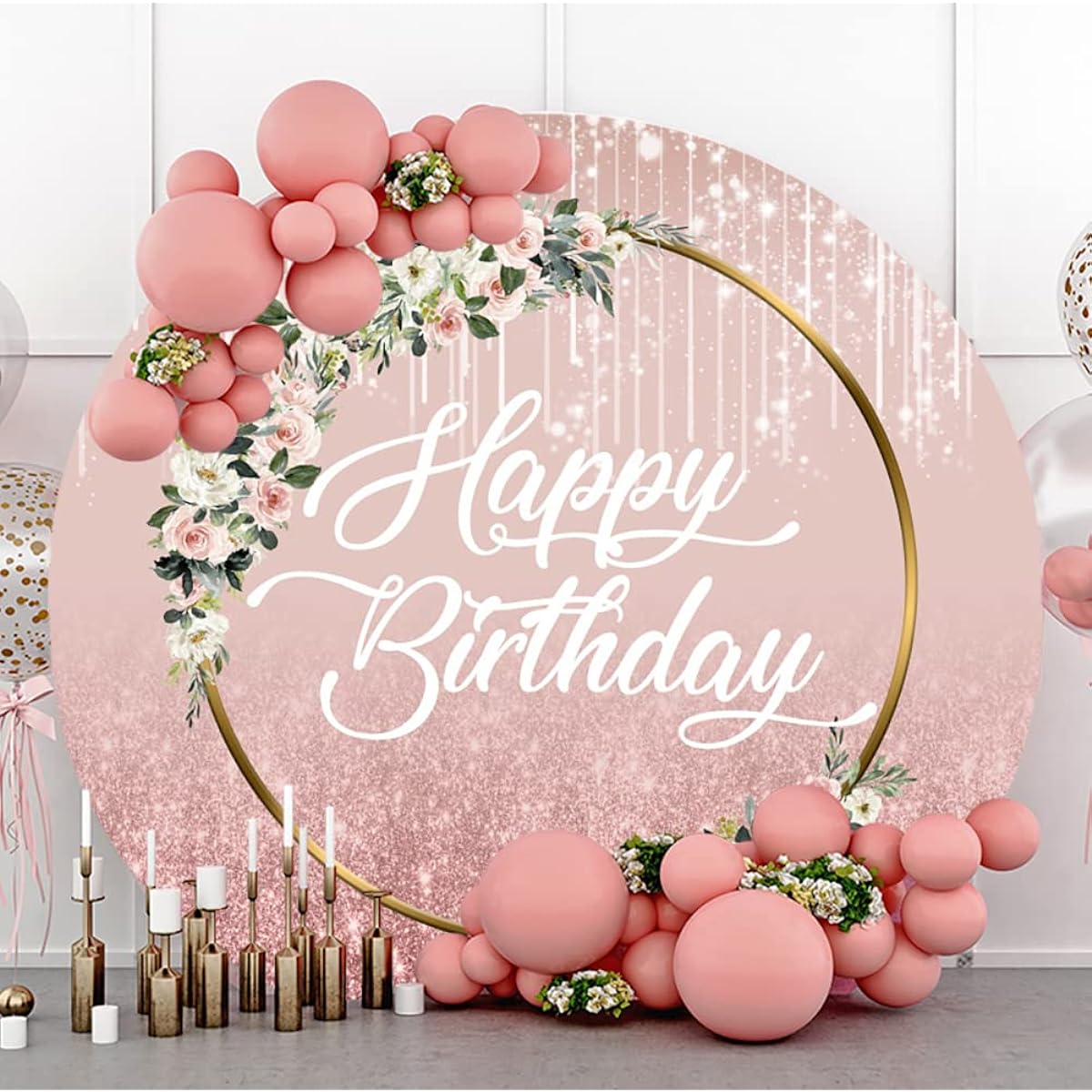 Canessioa 5x5ft Floral Glitter Birthday Round Backdrop Cover Pink Flowers Leaves Sparkling Pink Glitter Round Photography Backdrop Polyester Girls Women 20th 30th 40th Birthday Party Banner
