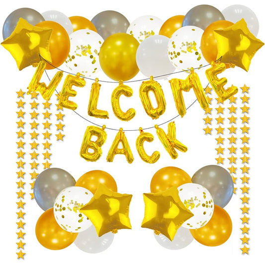 56 Pieces Welcome Back Balloon Banner Decoration Kit, Gold Welcome Back and Star Banner, Gold Silver Confetti Glitter Balloons, Star Shape Balloons for School Classroom, Wedding, Home Party Decoration