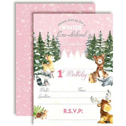 AmandaCreation Woodland Winter Wonderland First Birthday Party Invitation for Girls, 5"x7" Card with 20 White Envelopes