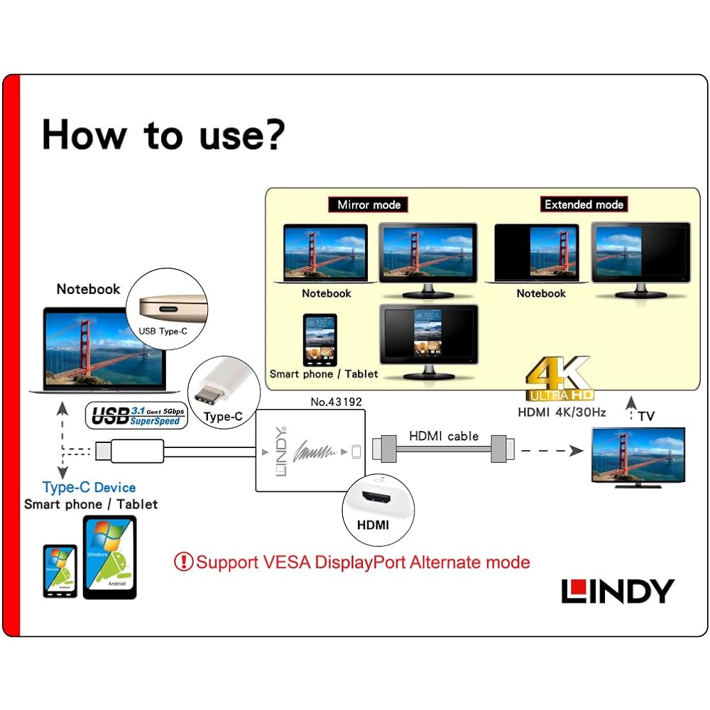 LINDY USB 3.1 TypeC to HDMI conversion adapter cable, Thunderbolt 3 compatible, 0.15m (Model number: 43192)