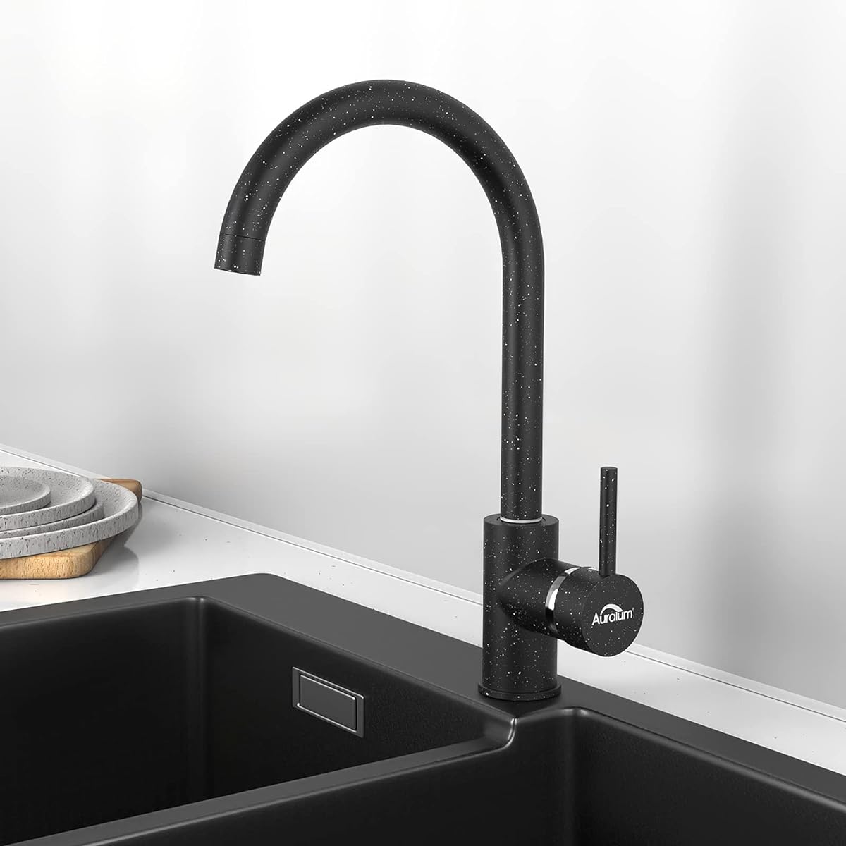 Auralum Black Kitchen Faucet with Detachable Aerator, 360° Swivel High Spout Kitchen Sink Faucets, Single-Handle Kitchen Faucet for Granite Sink, Sink Faucet, Brass