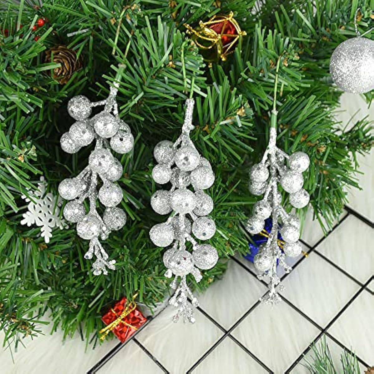 Saitec 15 Pack Christmas Glitter Berry Stems 7.8 Inch Artificial Christmas Picks for Christmas Tree Ornaments DIY Christmas Wreath Crafts Holiday Home Decorations (Silver)