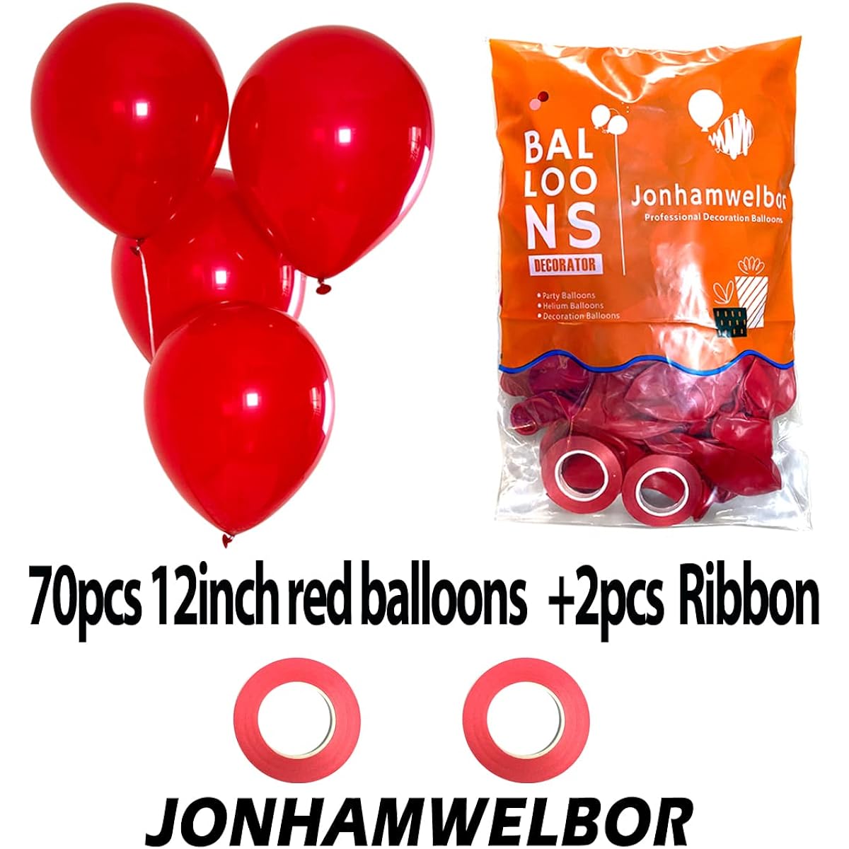 Jonhamwelbor Party Balloons, 12 Inch Red Latex Balloons, Pack of 70 for Wedding, Kids, Birthday, Valentine's Party Decorations with Red Ribbon