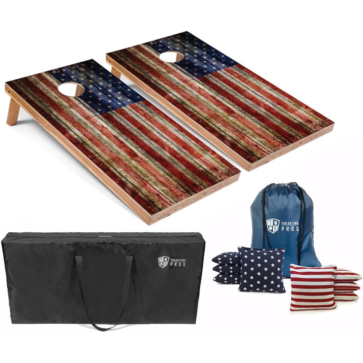 Tailgating Pros American Flag Wood Plank Design Cornhole Board Set with Bean Bag and Carry Case - 4'x2' Cornhole Toss Game - Optional LED Lights