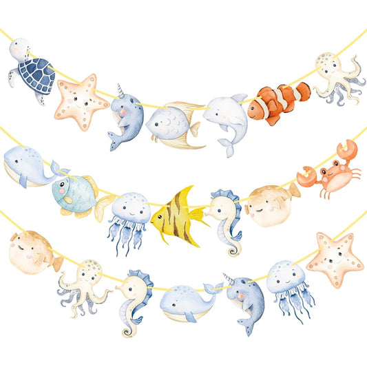 2 Pieces Marine Animal Banner Sea Animal Birthday Party Cutout Banner Ocean Theme Party Decorations Under the Sea Baby Shower Supplies
