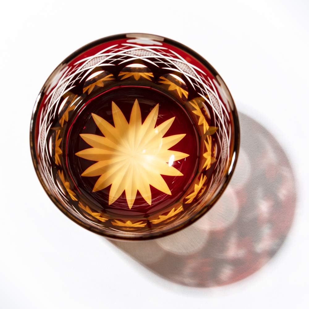 [Taimuro Kobo Official] Edo Kiriko Quatrefoil with Yarai Fish Crest Old Glass (Amber Red) TB94429AR Wooden Box Made in Japan