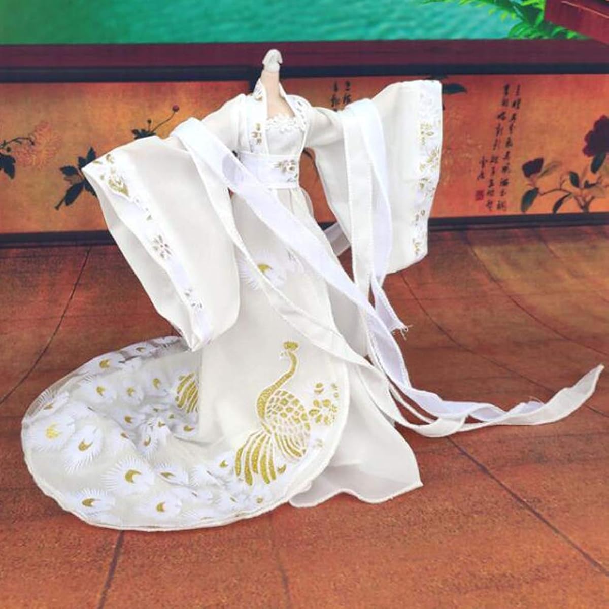 Handmade Chinese Style Ancient Costume Peacock White Doll Dress Doll Clothes for 11.5 Inch Doll