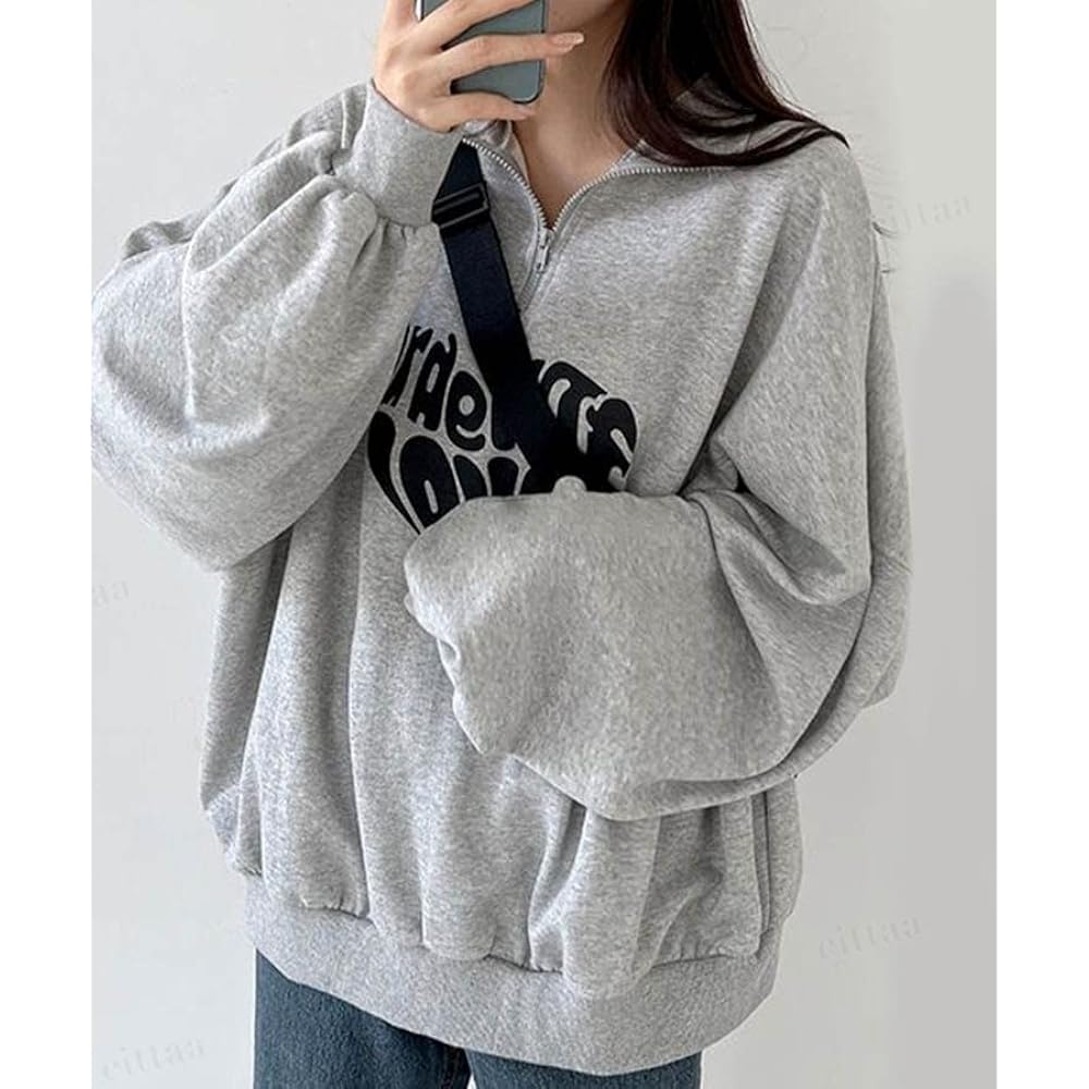 [MIRA MARIV] Korean Fashion Women's Made in Korea and Directly Imported from Korea Sweatshirt Sweatshirt Women's Loose Loose Fleece Fleece Autumn/Winter LOVE Logo Half Zip Dolman Sleeve Sweatshirt