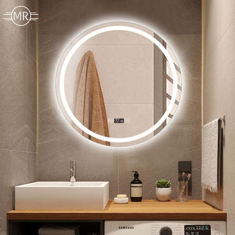 Miruo's Mirror Studio LED Mirror, Wall Mirror, Bathroom Makeup Mirror, Bathroom, Wall Hanging, Dresser, Washroom, Washbasin, Energy Saving, Brightness Adjustment, Anti-Fog, Waterproof, Shatterproof (50 x 50cm, Built-in LED)