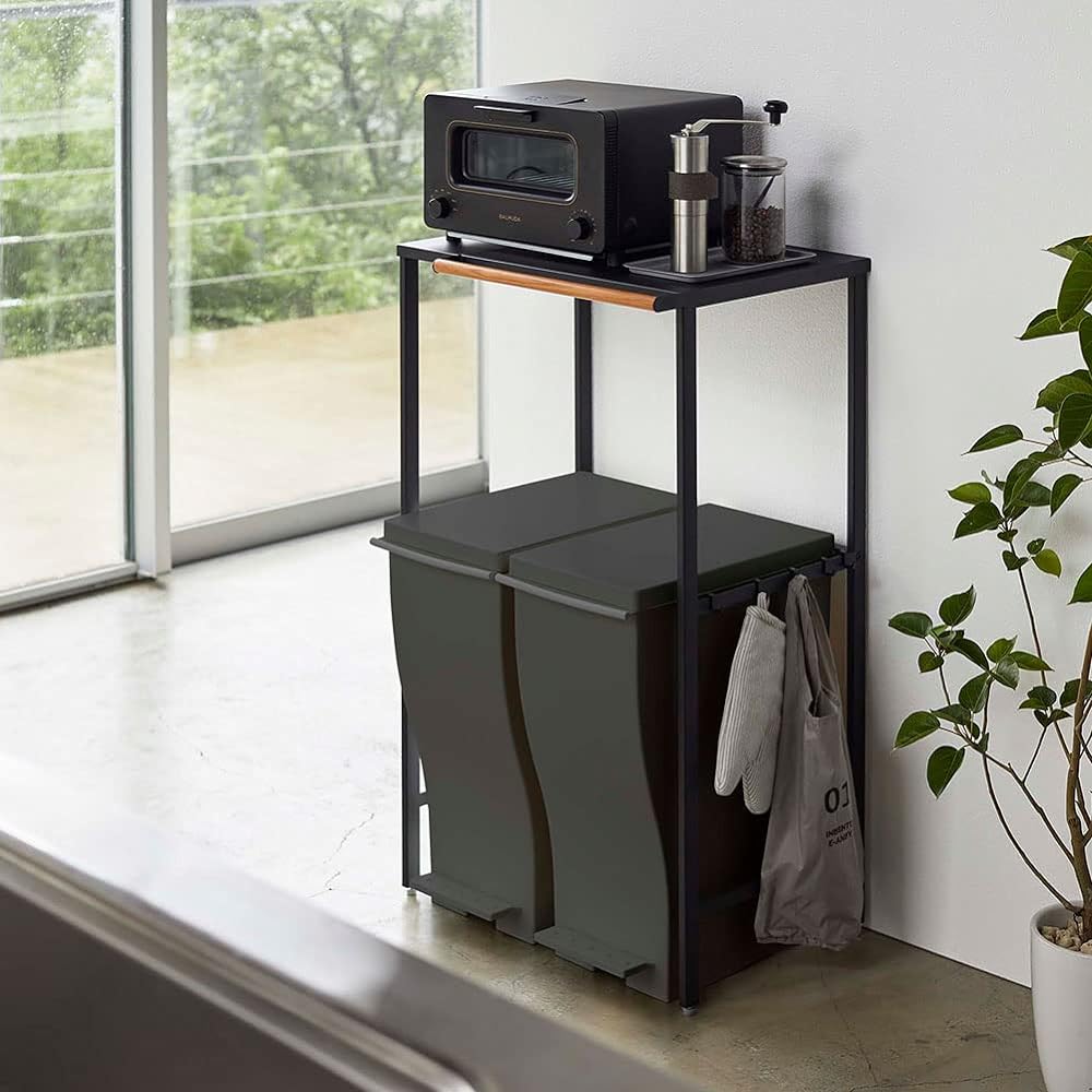 Yamazaki Jitsugyo 5327 Telescopic Trash Top Rack Black Approx. W42.5~76XD42.5XH90cm Tower Kitchen Rack with Hook