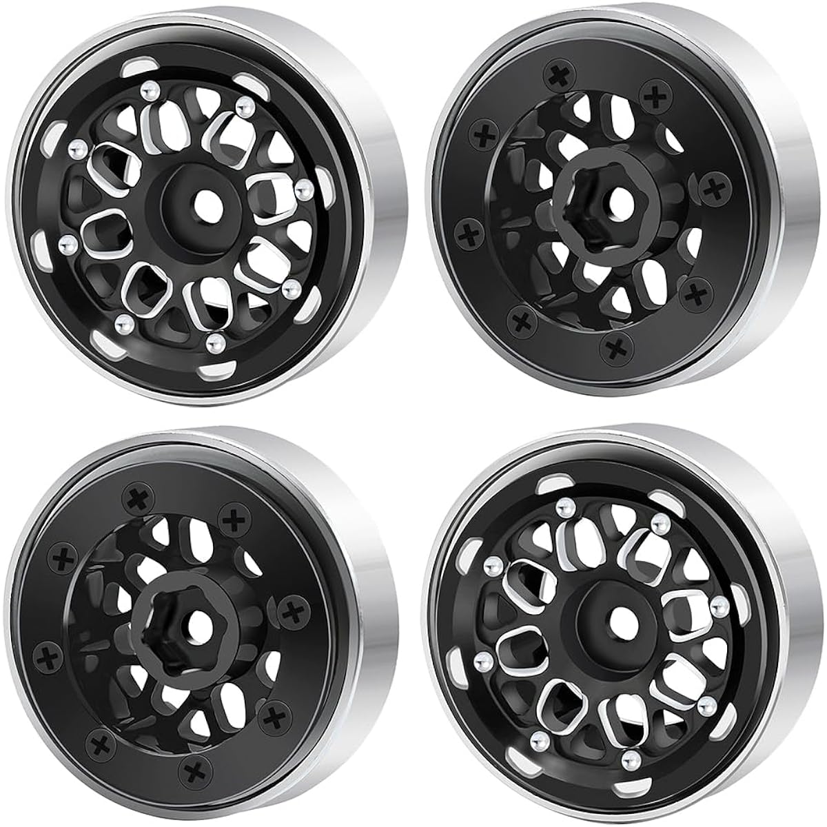 MOHERO Metal RC Rims Beadlock Wheel Rim Hubs 4pcs TRX4M Bronco Defender 1/18 Axial SCX24 1/24 RC Crawler Car Model Parts (Black)