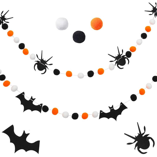 9.84ft Halloween Theme Banners, 2pcs Cute Ghost Banners Black White Orange Party Banner Felt Balls Halloween Garland Halloween Haunted House Decorations Doorway Home Mantel Supplies