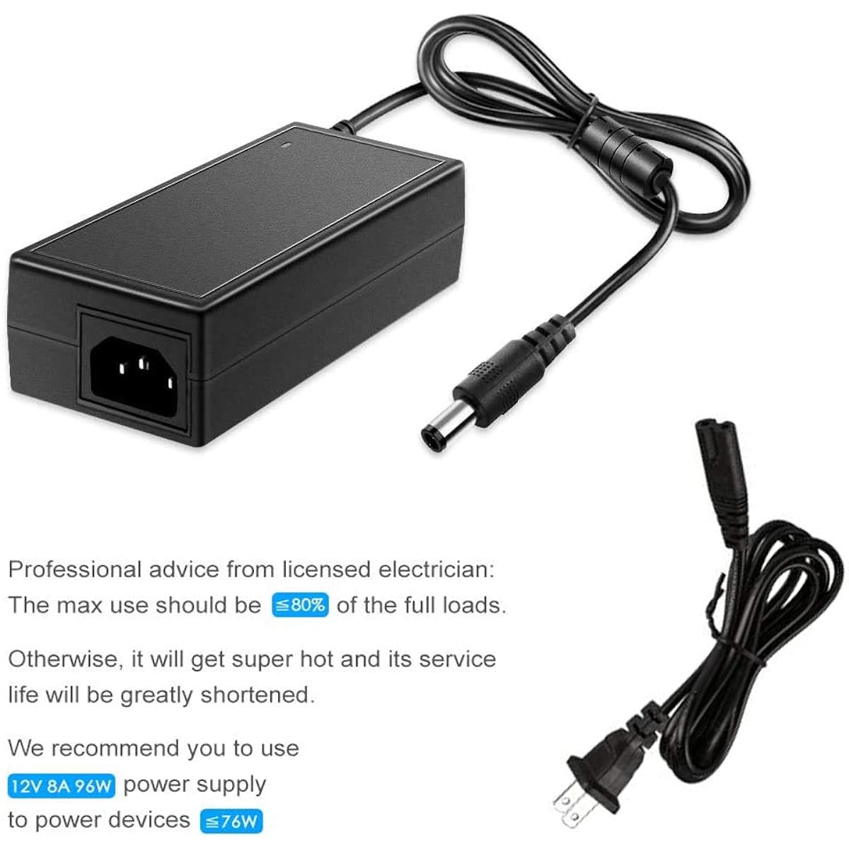 JOYLIT 12V 8A Power Adapter AC 110V-240V DC 12 Volt 8Amp Transformer 2.1 X 5.5mm US Plug 3.5 Feet Cord Adapter LED Light Strip for CCTV Camera