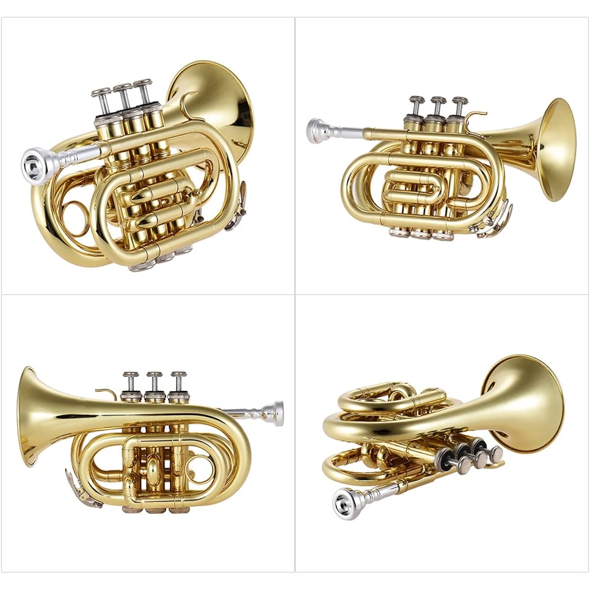 Juspins Mini Pocket Trumpet Bb Flat Brass Instrument with Mouthpiece Glove and Cleaning Cloth Carrying Case