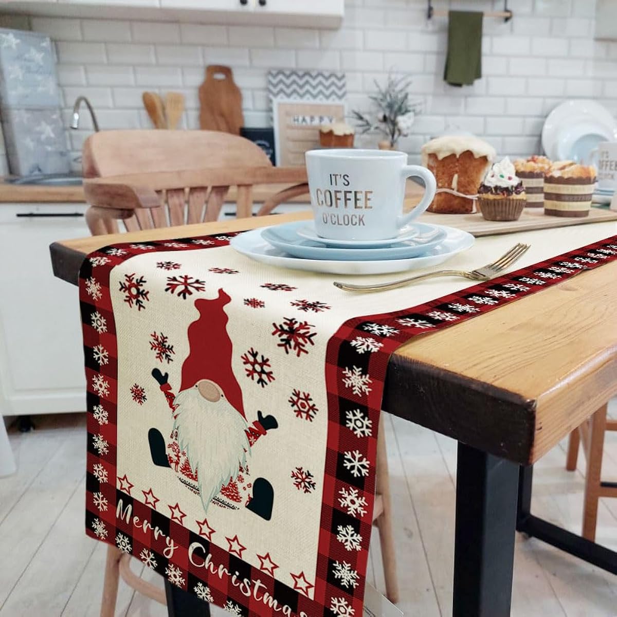 Red Christmas Table Runner Xmas Gnome Merry Christmas Kitchen Dining Table Decorations Winter Buffalo Plaid Table Runner 72" Long Seasonal Table Runner for Kitchen Dining Party 13X72"