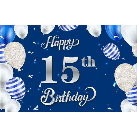15th Birthday Banner Backdrop Blue Silver 15th Birthday Party Decorations 15th Birthday Background Sign Poster Photo Booth Props Photography Backdrop for Boys 15th Birthday
