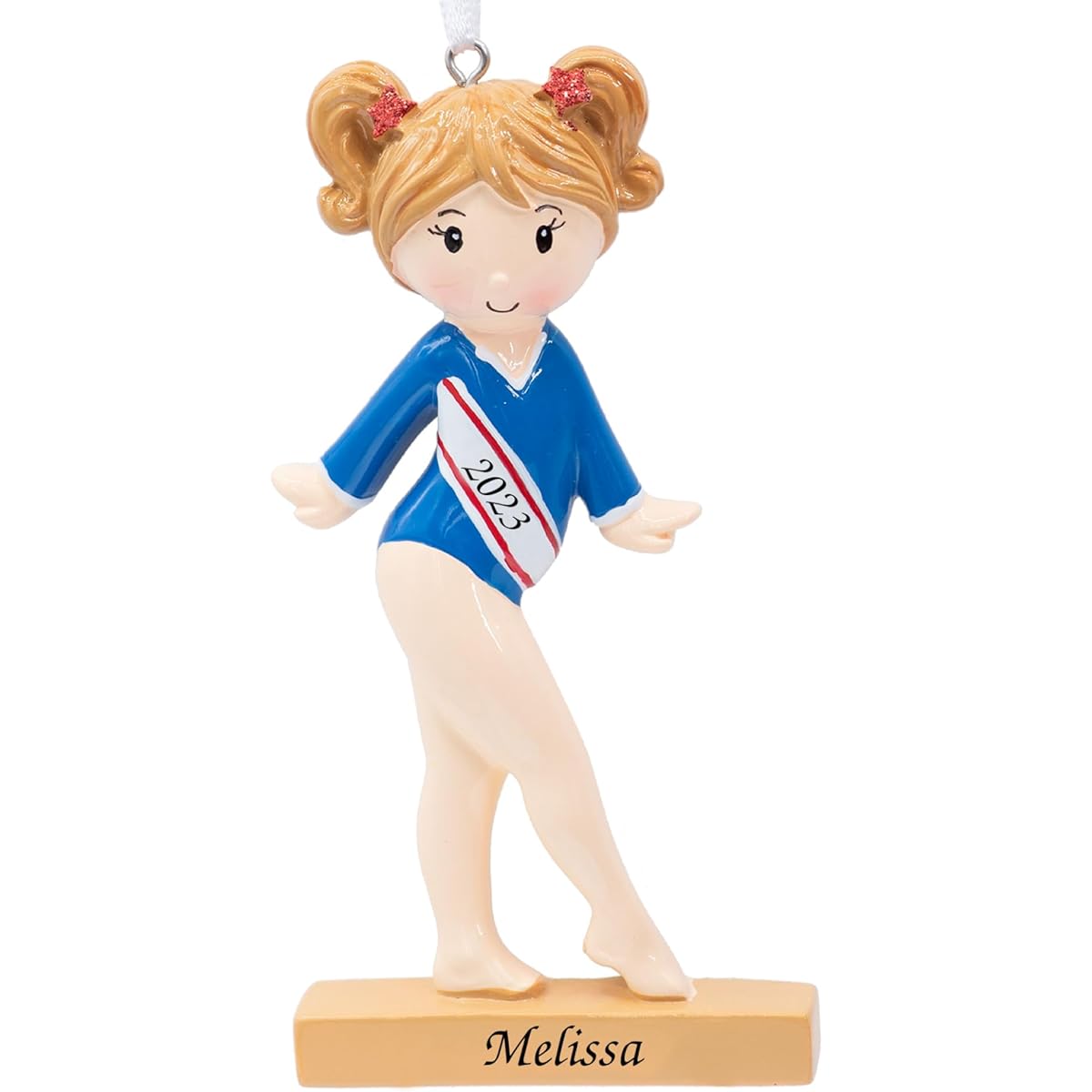 UniqXmas Personalized Gymnastics Christmas Ornament - Handwritten Customization | Gymnast Girl Figurine in Blue Leotard and Balance Beam for Christmas Tree | Unique Keepsake - Custom Name & Year