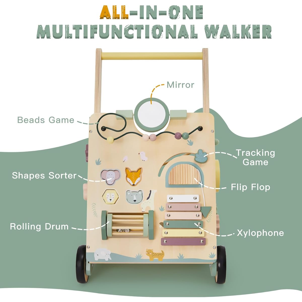 Wooden baby walker, baby push walker, adjustable speed baby walker for boys and girls, Montessori walker toy, toddler activity center