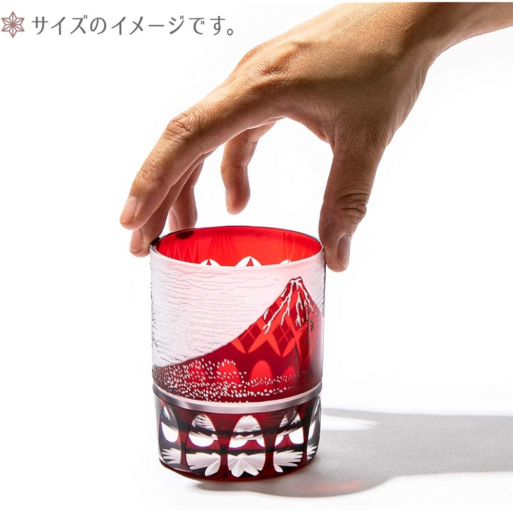 [Taimuro Kobo Official] Edo Kiriko Red Fuji and Yarai Crest Old Glass (Red) TB15-203R Wooden Box Made in Japan