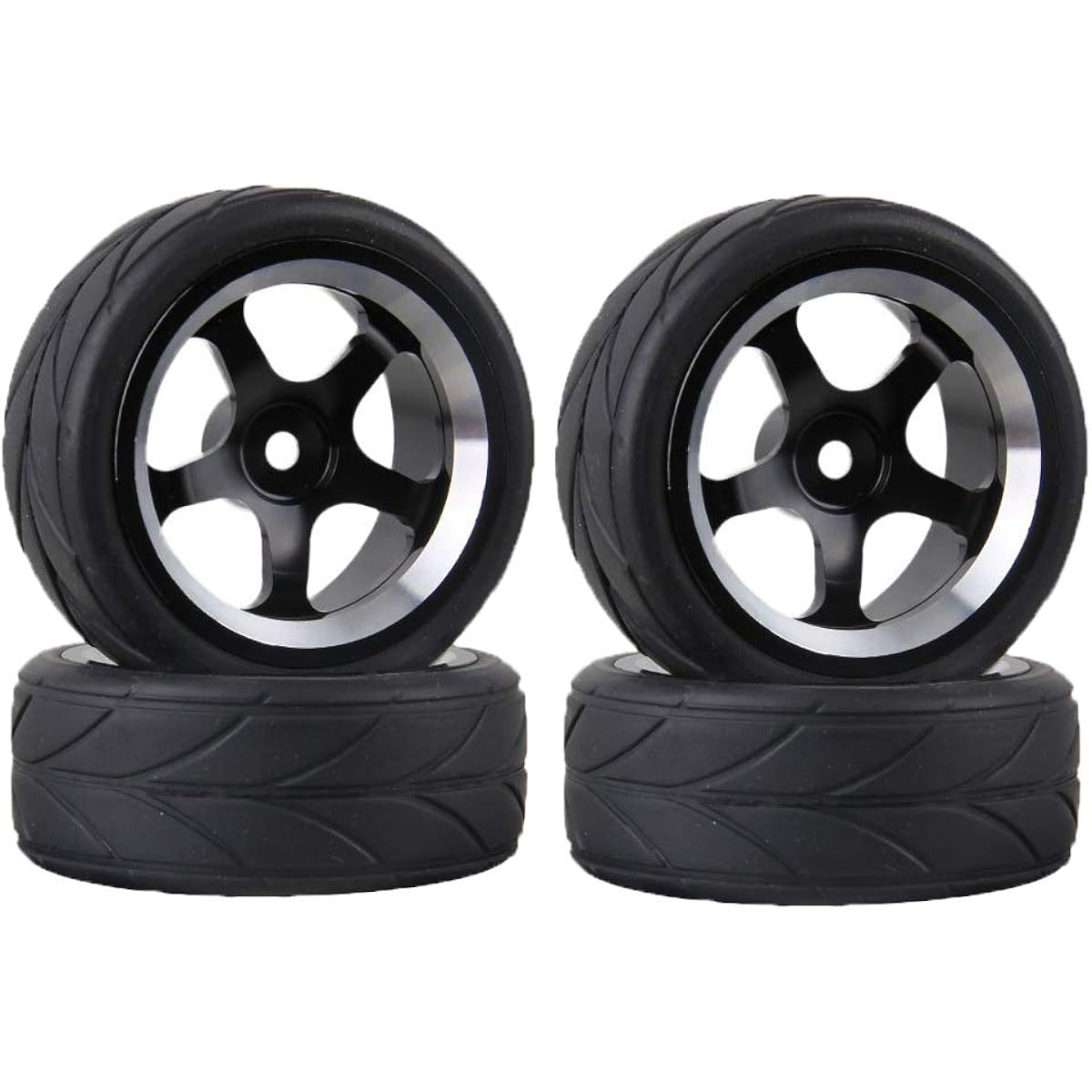 LAFEINA 1:10 RC On-Road Racing Car Rubber Tire & Alloy Aluminum Wheel Rim 1/10 Scale On-Road Car HSP HPI (Set of 4) Arrow Tire 5 Spoke Alloy Wheel-Black