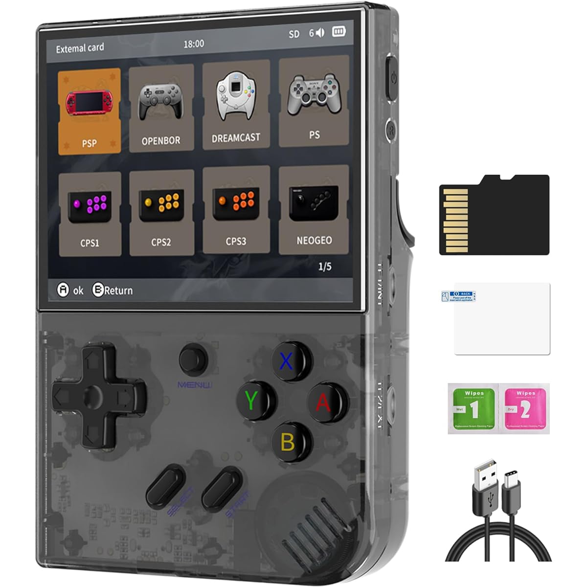 Dosnura RG35XX Plus Retro Video Handheld Game Console Linux System 3.5 Inch IPS Screen Built-in 3300mAH Battery 64G TF Card Pre-installed 5500 Classic Games (Black T)