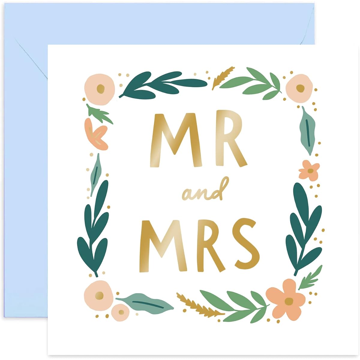 Old English Co. Floral Wreath Mr and Mrs Cards - Pastel Gold Foil Wedding Cards for Bride and Groom | Engagement for the Happy Couple on Their Big Day | Blank Inside & Envelope Included (Mr and Mrs)