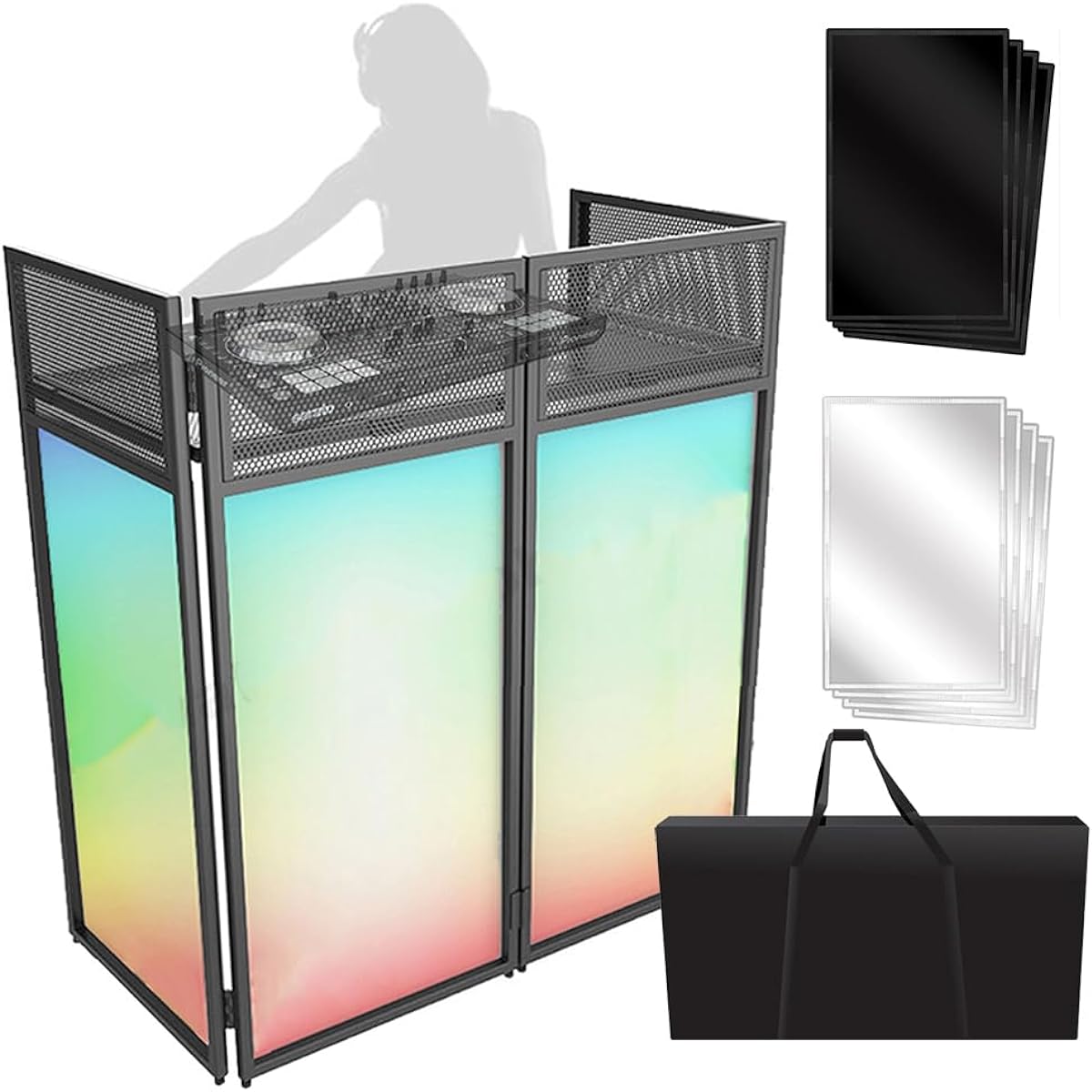 Portable DJ Facade Booth DJ Facade Table Station, 40*40*20inch Foldable DJ Event Flat Table Top with White & Black Scrim, Padded Carrying Bag, Metal Standing DJ Table