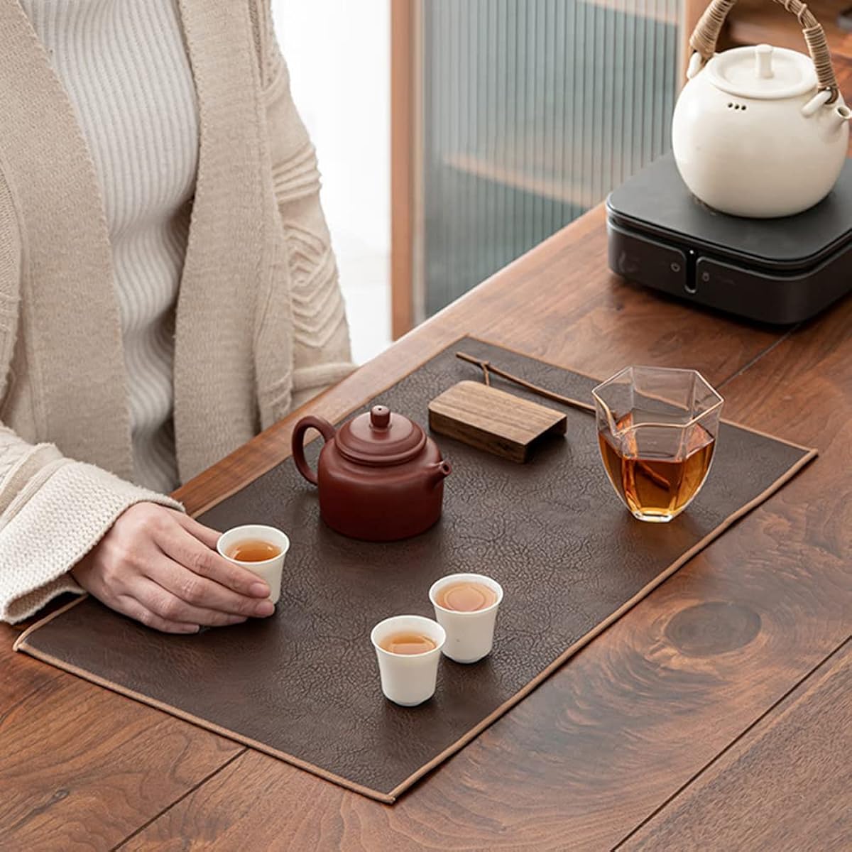 COMFEELING Waterproof PU Leather Table Runner 12x20 Inch Vintage Coffee/Tea Mat Heat Resistant & Wipe Clean Bedside Nightstand Cover