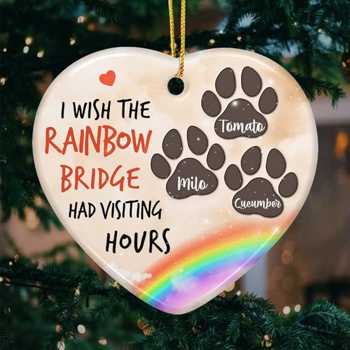 Pawfect House I Wish I Could Meet You at The Rainbow Bridge - Personalized Custom Heart Shaped Ceramic Christmas Ornament - Memorial Gift, Sympathy Gift for Pet Lover, Memorial Christmas Ornament