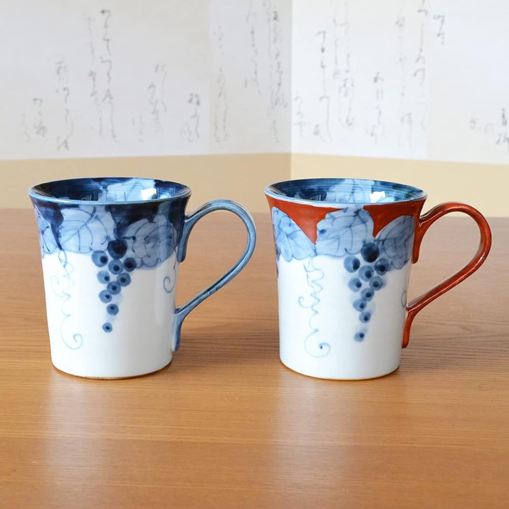 Retirement Gift Mug Coffee Cup Pair Set of 2, Arita Ware, Thank You Gift in a Wooden Box, Microwave Safe, Fuchino Grape