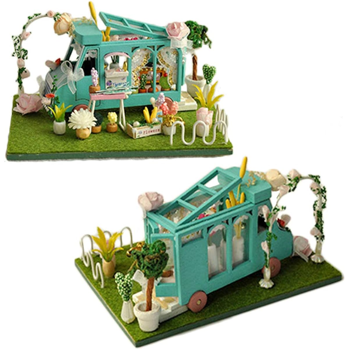 WYD DIY Mini Car Train Shop House Combined Bus Shop Street Model 3D Wooden Miniature Dollhouse Kit with LED Light and Furniture Kit (Flower Car Shop) 6 Pieces