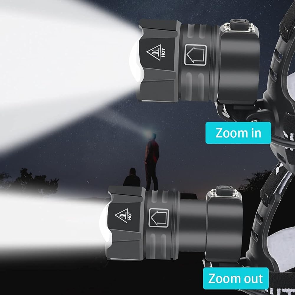 8000 lumen rechargeable headlamp, XHP70.2 super bright powerful LED headlamp, focus adjustment 3 modes waterproof headlight, power bank function for camping bike hiking