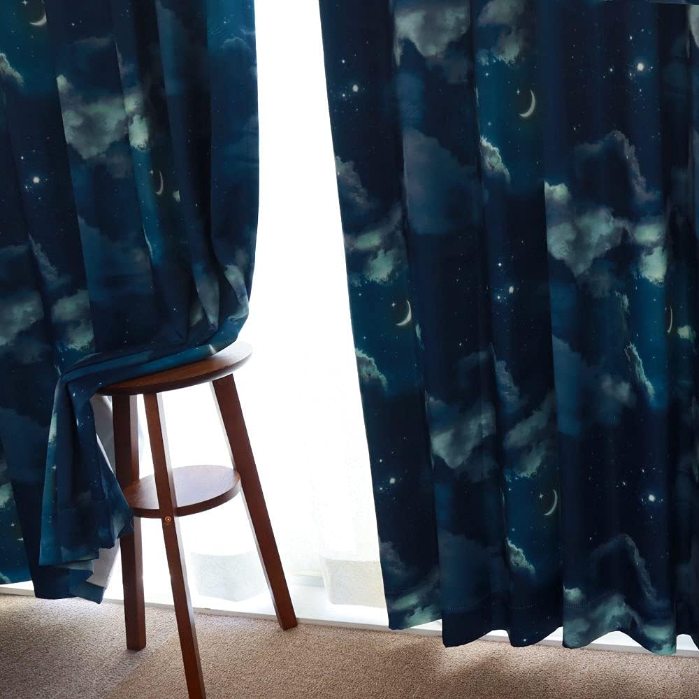 [Window Beauty] 1st Grade Blackout Design Curtains [Serenade] Curtain Set of 2 + Curtain Hooks Installed + Curtain Tassel Night Sky Pattern Navy Width 100 x Length 200cm Set of 2 with Shape Memory Curtains Only