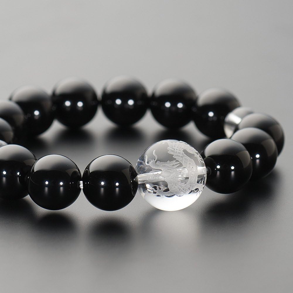 Buddhist Altar Shop Takita Shoten Specially Selected Bracelet Prayer Beads Natural Stone Bracelet Black Onyx Dragon Carved Crystal 14mm Beads Inner Circumference Approx. 18cm◆ Prayer Beads Bracelet, Dragon, Large Beads, Prayer Bracelet, Amulet, Charm [Ce