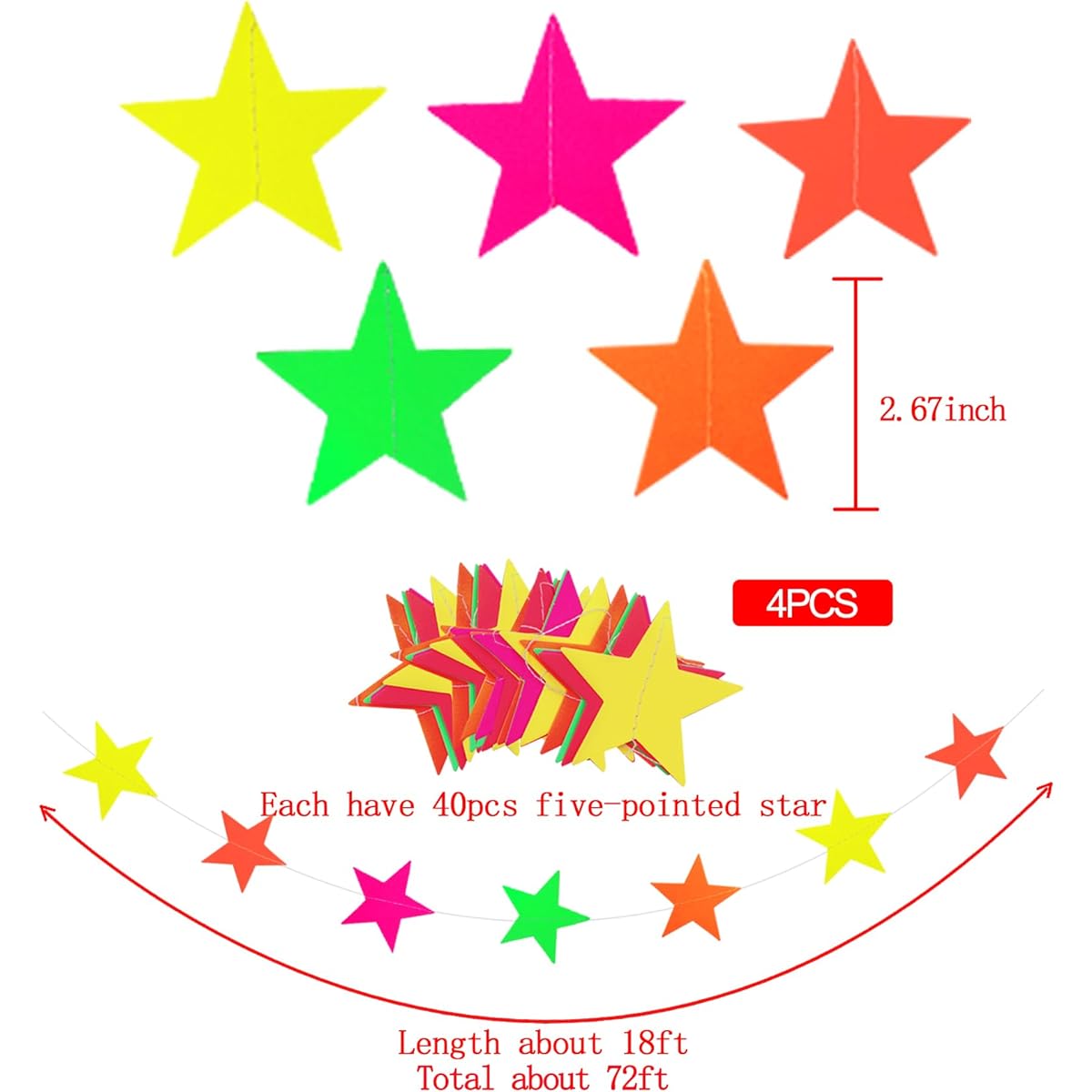 60ft Star Neon Garland Hanging Paper Glow Party Neon Party Hanging Decoration Birthday Wedding Neon Party Background Decoration Supplies (4 Pieces)