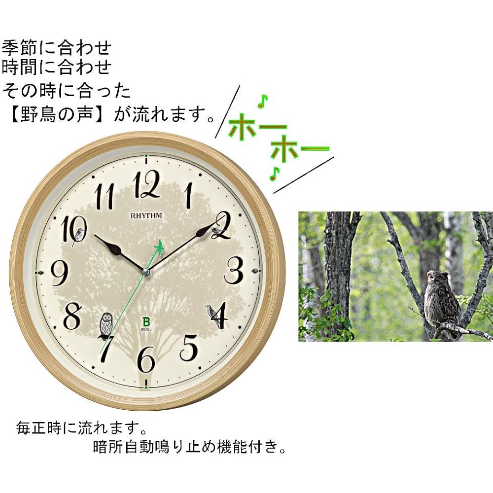 RHYTHM Wall Clock Radio Wave Analog Continuous Second Hand Wild Bird Voice Melody Jointly Developed by Wild Bird Society of Japan Light Brown Φ32.4x6.1cm 8MN409SR06