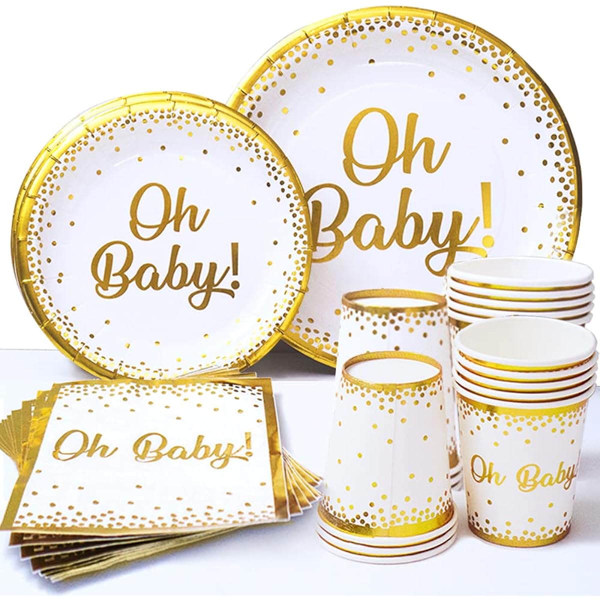 Sweet Baby Co. Oh Baby Shower Plates and Napkins for Boys and Girls - White and Gold Paper Plates, Cups, Napkins, Disposable Tableware for 24 Guests - Party Supplies and Decorations
