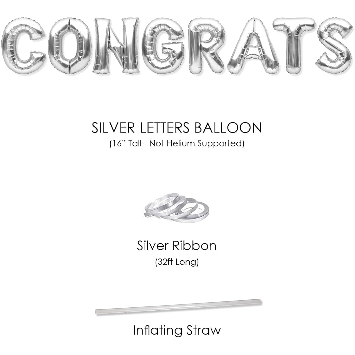 PartyForever Big Silver Congrats Balloon Banner 16" Letter Graduation Party Decorations and Supplies