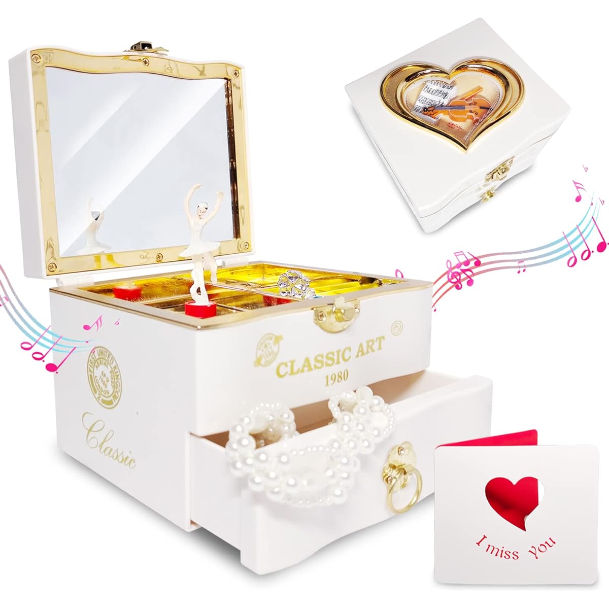 Music Box for Girls - Jewelry Organizer Wind-Up Music Box with Dancing Ballerina Music Box for Kids Lovers Birthday Christmas Valentine's Day Gift (White)