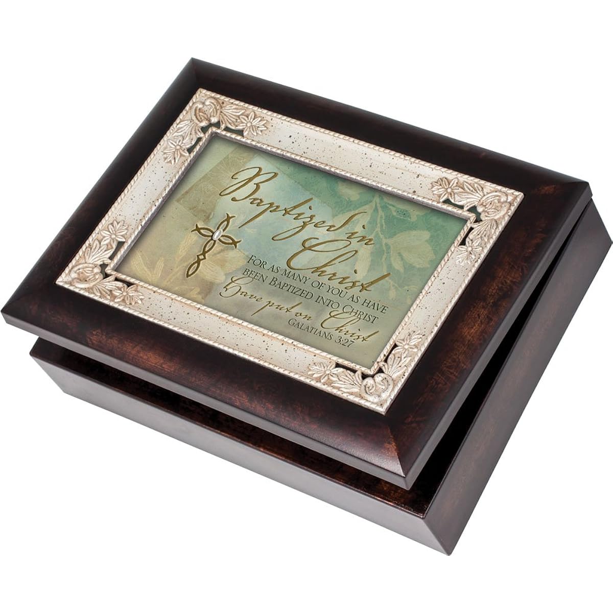 Cottage Garden Baptized In Christ Burlwood With Silver Inlay Italian Style Music Box / Jewelry Box Plays How Great Thou Art by Cottage Garden