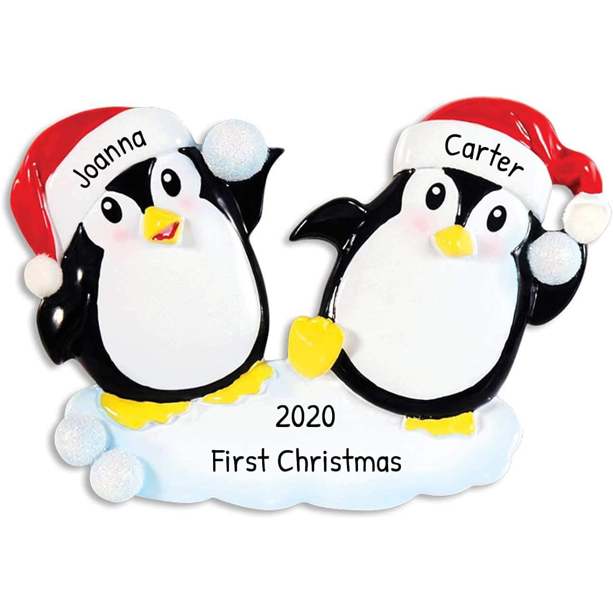 Personalized Penguin Snowball Couple Red Santa Hat Christmas Ornament - Playful Black Birds Have a Snowy Fight - Our 1st Love First Friend Siblings Kids Family 2 Love Tradition - Free Customization